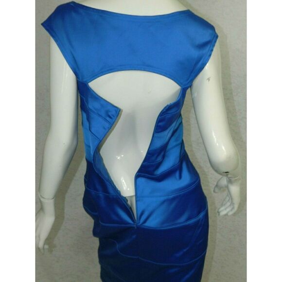 Tadashi Shoji Dress Blue Satin Cocktail Cutout Size 6 - Picture 6 of 8